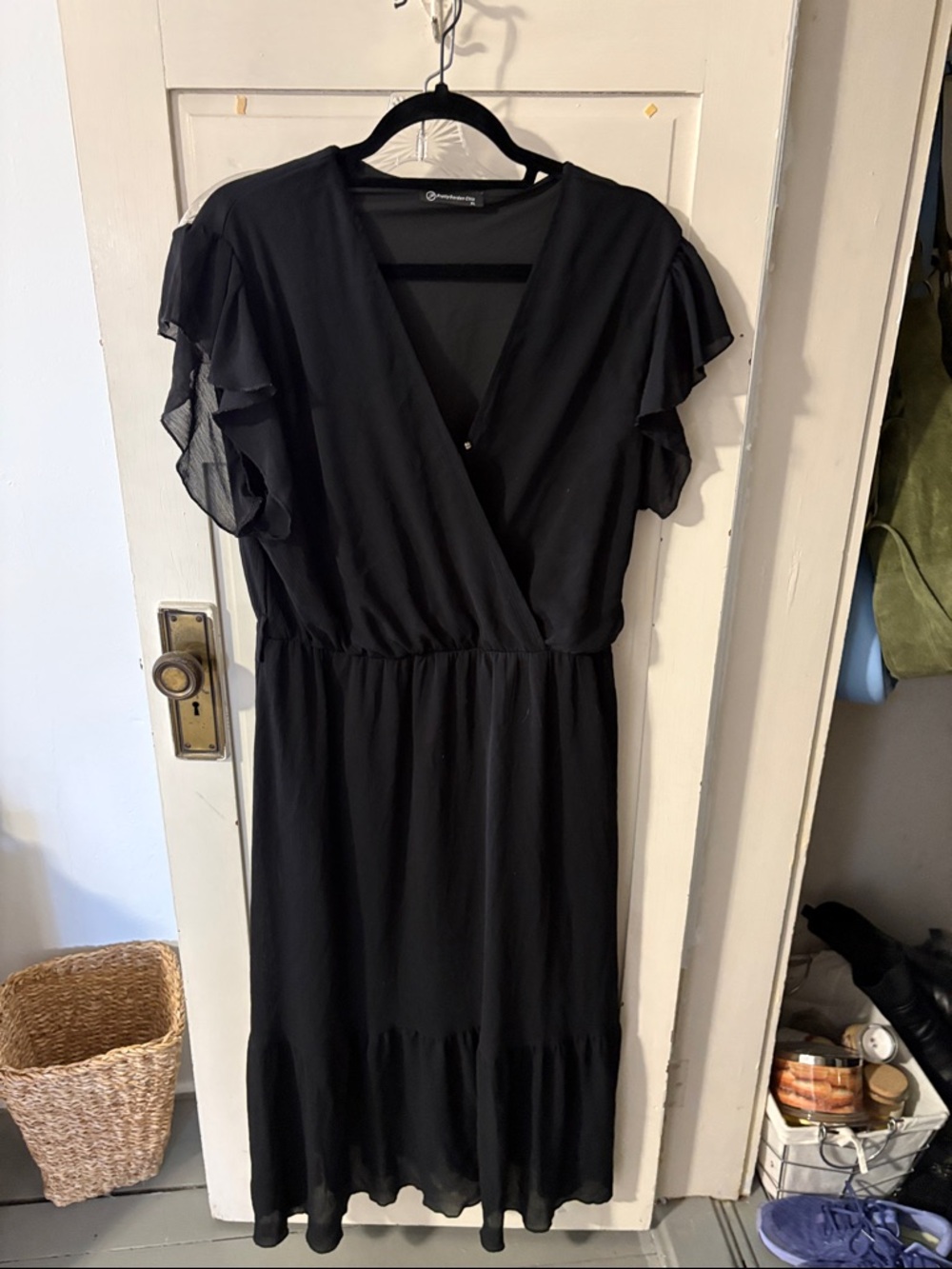 Women's Black Midi Dress with Flutter Sleeves